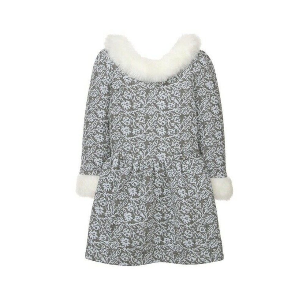 NWT Janie & Jack: Snowy Cottage Grey Dress w Fur